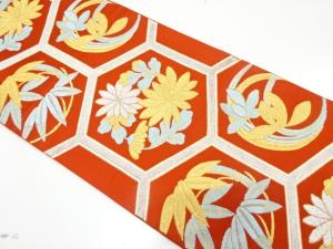 アンティーク　亀甲に花丸模様織り出し袋帯（着用可）